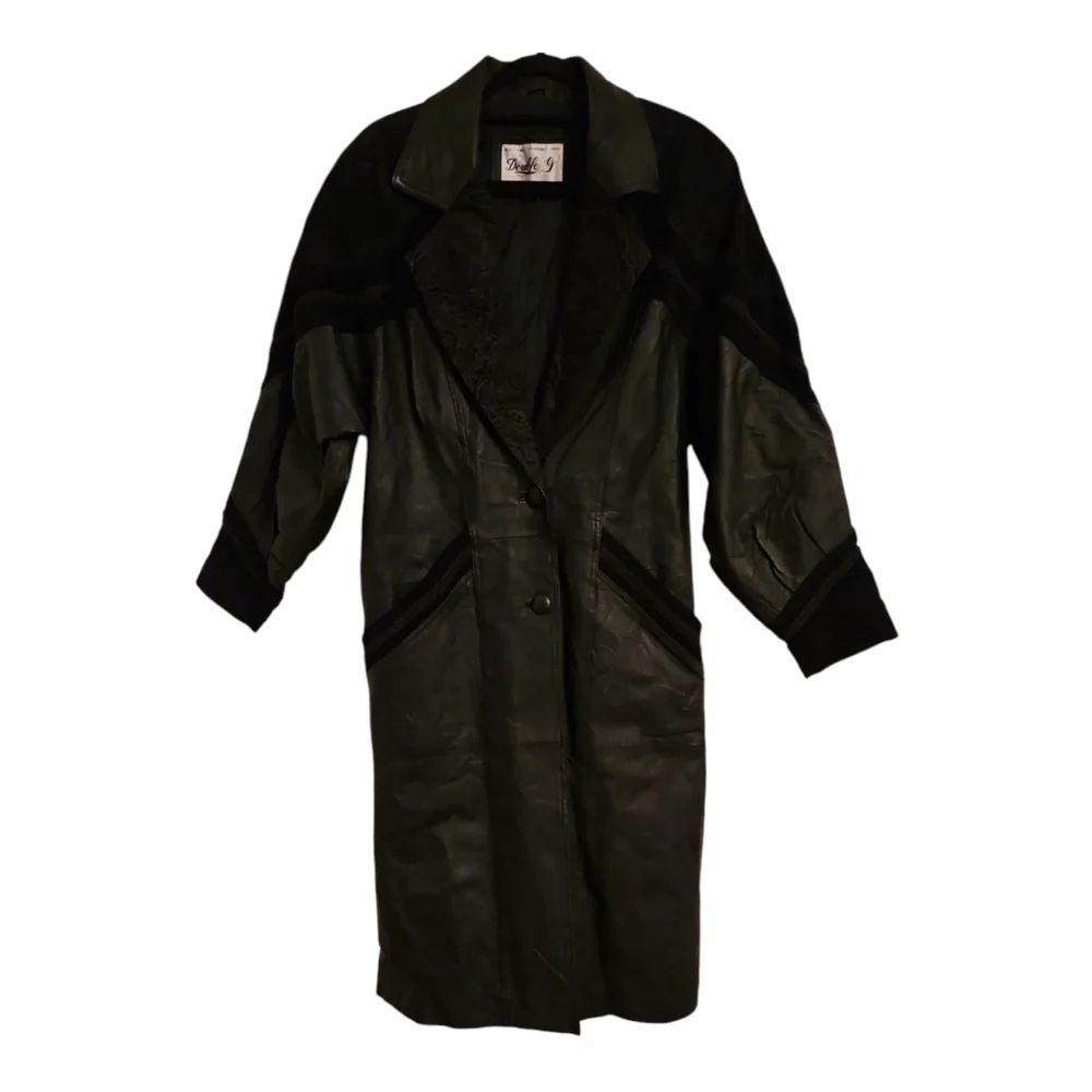 Vintage 80s Long Black Leather/Suede Trench Coat/Duster, Sz Med, Double G